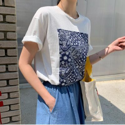 画像1: レディース春夏tシャツ 綿 ショート トップス 横柄 半袖 シンプル ゆったり 薄地 日常用 外出 旅行 通学 通勤 人気