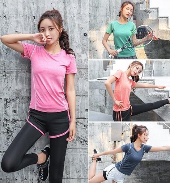 画像2: 【送料無料】スポーツウエア4点セット セットアップ　レディース　上下セット　tシャツ　スポーツブラ　レギンス　　ヨガウエア (2)