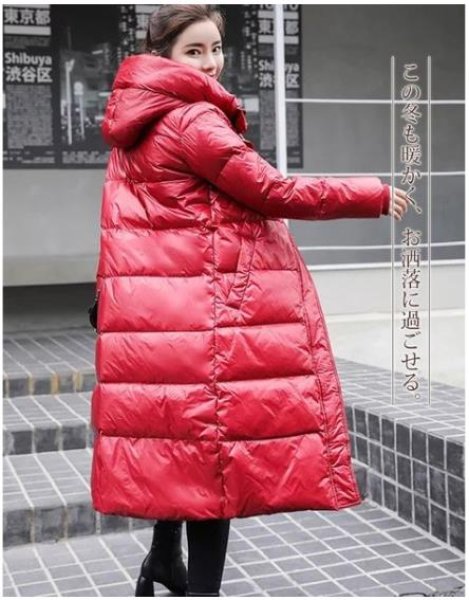 画像6: ボリューム感のある割に軽いダウンは毎年の冬定番  赤字セール ☆ダウンコート レディース ロング ダウンジャケット エナメル フード スタンドカラー aライン 着痩せ 撥水 ブラック 無地 厚手 (6)