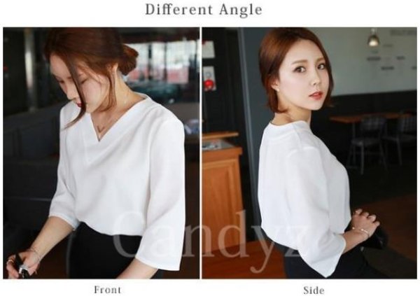 画像8: 垢抜けた着こなしで好きな自分になりましょう  赤字セール☆ ブラウス レディース vネック ノーカラー 五分袖 シフォン 無地 サイドスリット 前後アシメ オフィス フォーマル 秋冬 (8)