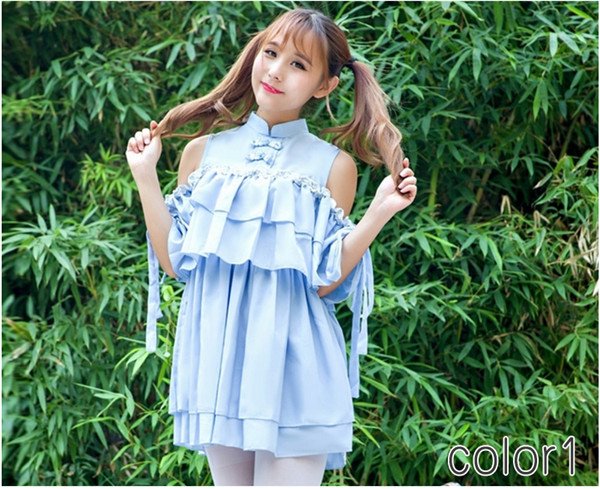 画像2: チャイナ服　風　スタンドカラー　肩あき　オフショルダー　ワンピース　ワンピ　ミニワンピ　ふりふり　フリル　チャイナメイド　メイド服　コスプレ　コスチューム　コス　衣装　仮装　余興 宴会　学園祭　文化祭　パーティー　大人用　レディース　女性　水色 (2)