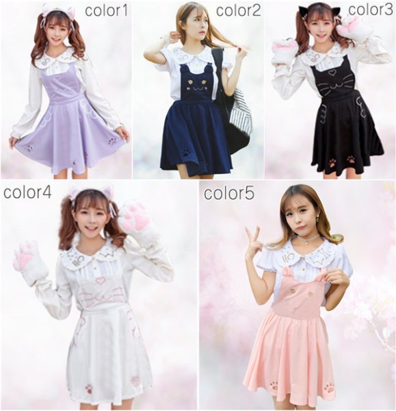 画像3: 【選べる5カラー】  ジャンパースカート 猫 ねこ 肉球 ワンピース サロぺット  レディース 女性 女子 大人 双子コーデ コスプレ コス コスチューム 衣装  キュート ロリータ メイド イベント パーティー 仮装 コスチューム コスプレ衣装レディース cosplay (3)