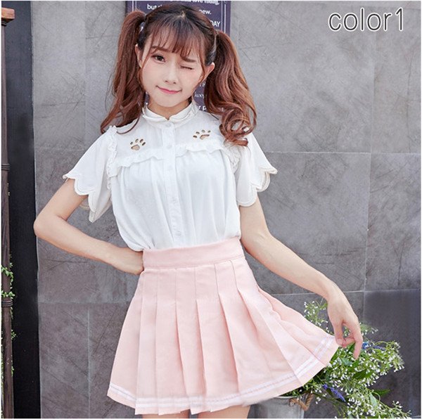 画像3: 制服 2点セット 肉球 ブラウス シャツ 半袖 ふりふり プリーツ ライン入り スカート ホワイト ピンク 猫 コスプレ コスチューム コス アニメ 女子高生 高校生 中学生  女性 女子 レディース 大人用 (3)
