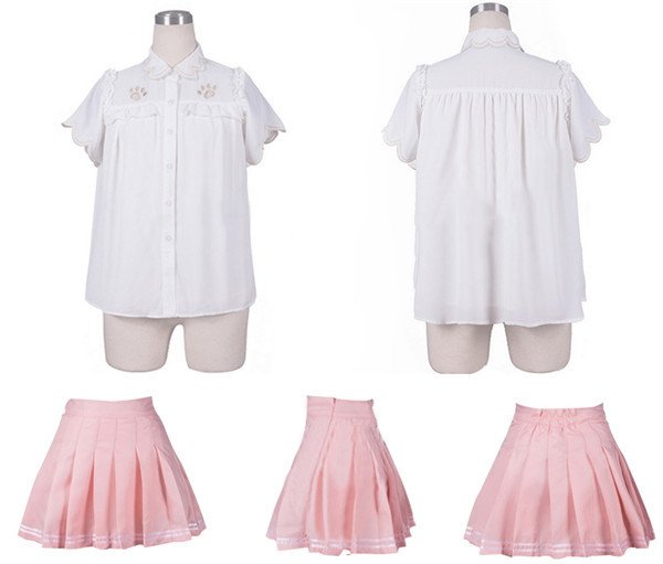 画像4: 制服 2点セット 肉球 ブラウス シャツ 半袖 ふりふり プリーツ ライン入り スカート ホワイト ピンク 猫 コスプレ コスチューム コス アニメ 女子高生 高校生 中学生  女性 女子 レディース 大人用 (4)