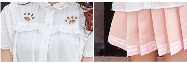 画像5: 制服 2点セット 肉球 ブラウス シャツ 半袖 ふりふり プリーツ ライン入り スカート ホワイト ピンク 猫 コスプレ コスチューム コス アニメ 女子高生 高校生 中学生  女性 女子 レディース 大人用 (5)