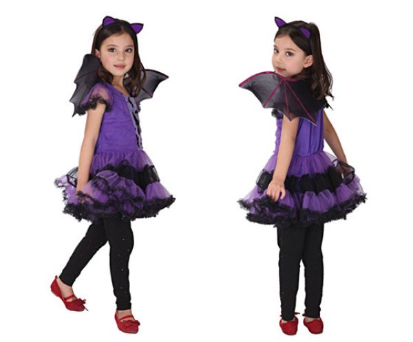 画像2: 【3点セット】christmas Xmas クリスマス衣装 子供 コウモリ 耳付き 羽付き こうもり 吸血鬼 魔女 悪魔 小悪魔 デビル ワンピース 帽子 紫 黒 パープル 女の子 子供服 ハロウィーン halloween 仮装 キッズ ジュニア 女児 コスプレ コスチューム 学芸会 演劇 発表会 パーテ (2)