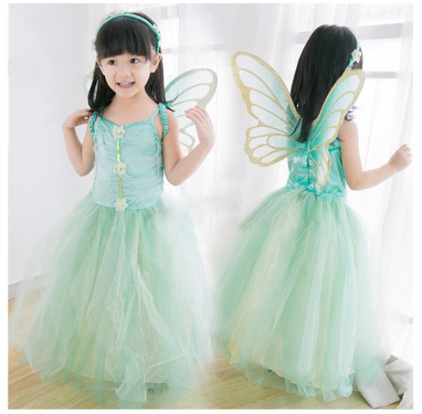 画像2: 【3点セット 送料無料】christmas Xmas クリスマス衣装 子供 妖精 ティンカー・ベル プリンセス ワンピース ドレス 羽付き 女の子 子供服 ハロウィーン halloween 仮装 キッズ ジュニア 女児 コスプレ コスチューム グリーン 緑 ダンス衣装 学芸会 演劇 発表会 パーティ (2)